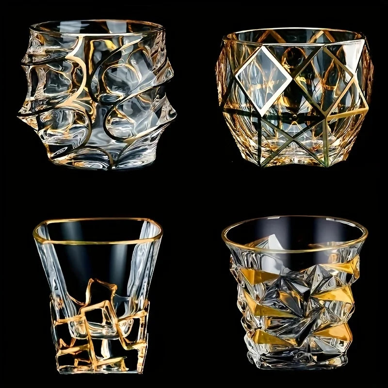 Copo de Whisky Cristal Premium com Fios de Ouro - Design Geométrico e Sofisticado