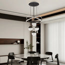 Pendente Lustre LED Círculos de Cristal e 4 Globos Dourados - Iluminação de Luxo para Ambientes Premium