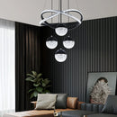 Pendente Lustre LED Círculos de Cristal e 4 Globos Dourados - Iluminação de Luxo para Ambientes Premium