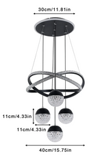 Pendente Lustre LED Círculos de Cristal e 4 Globos Dourados - Iluminação de Luxo para Ambientes Premium