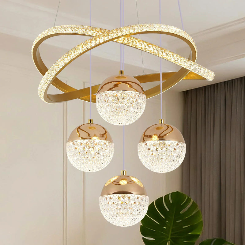 Pendente Lustre LED Círculos de Cristal e 4 Globos Dourados - Iluminação de Luxo para Ambientes Premium