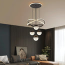 Pendente Lustre LED Círculos de Cristal e 4 Globos Dourados - Iluminação de Luxo para Ambientes Premium