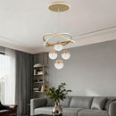 Pendente Lustre LED Círculos de Cristal e 4 Globos Dourados - Iluminação de Luxo para Ambientes Premium